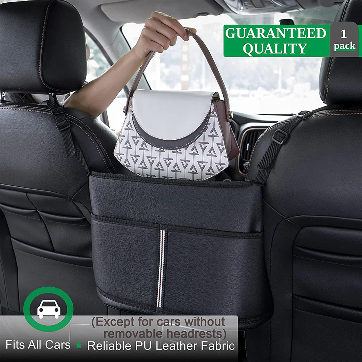 Car Purse Holder for Car Handbag Holder Between Seats Premium PU Leather, Custom Fit For Car, Hanging Car Purse Storage Pocket Back Seat Pet Barrier WAFM223