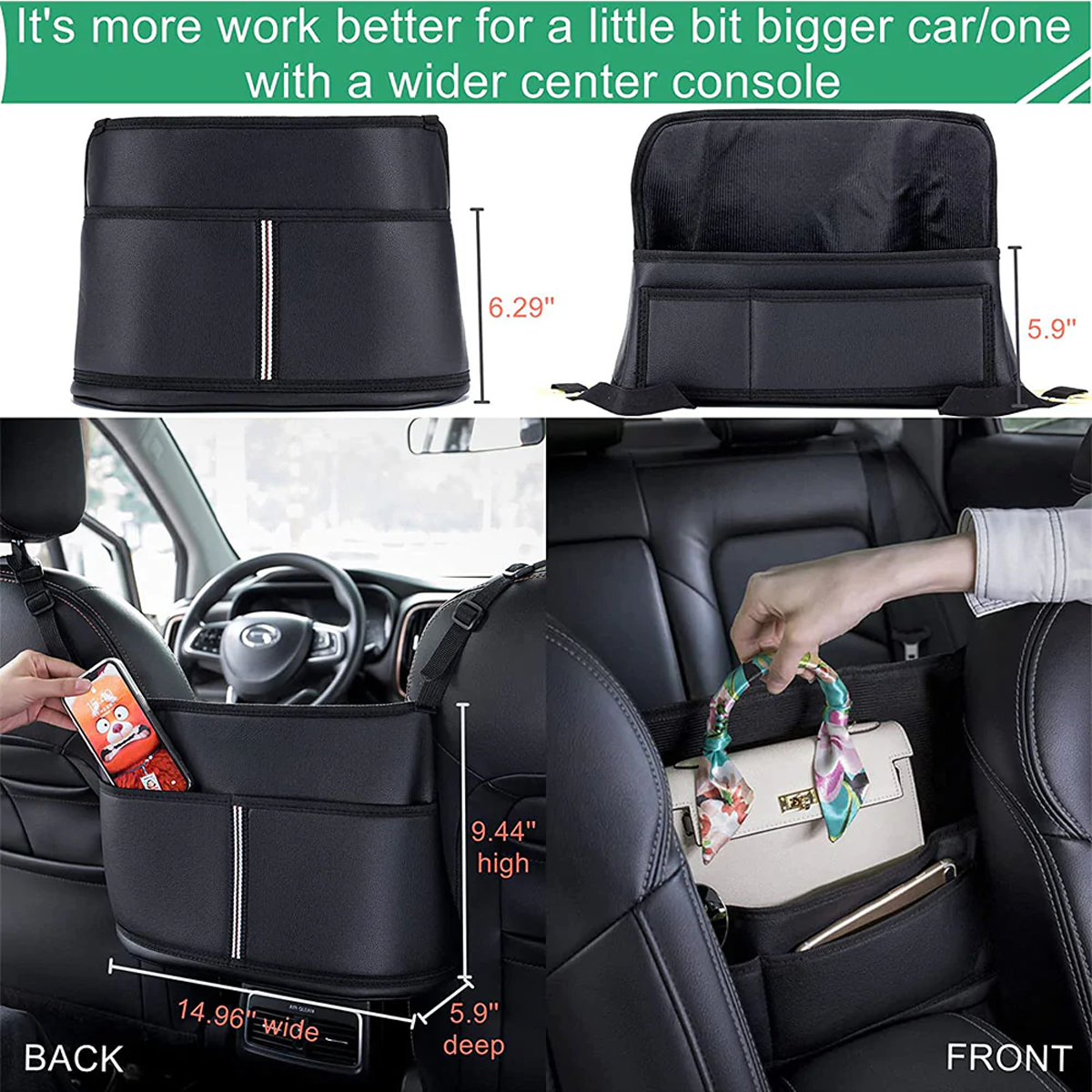 Car Purse Holder for Car Handbag Holder Between Seats Premium PU Leather, Custom Fit For Car, Hanging Car Purse Storage Pocket Back Seat Pet Barrier WADE223