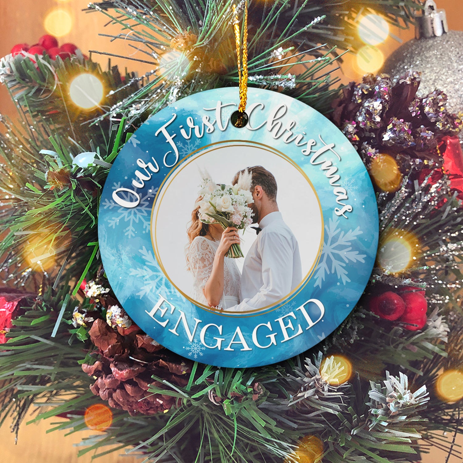Our First Christmas Engaged Blue and Silver Personalized Custom Photo Christmas Premium Ceramic Ornaments Gift For Family