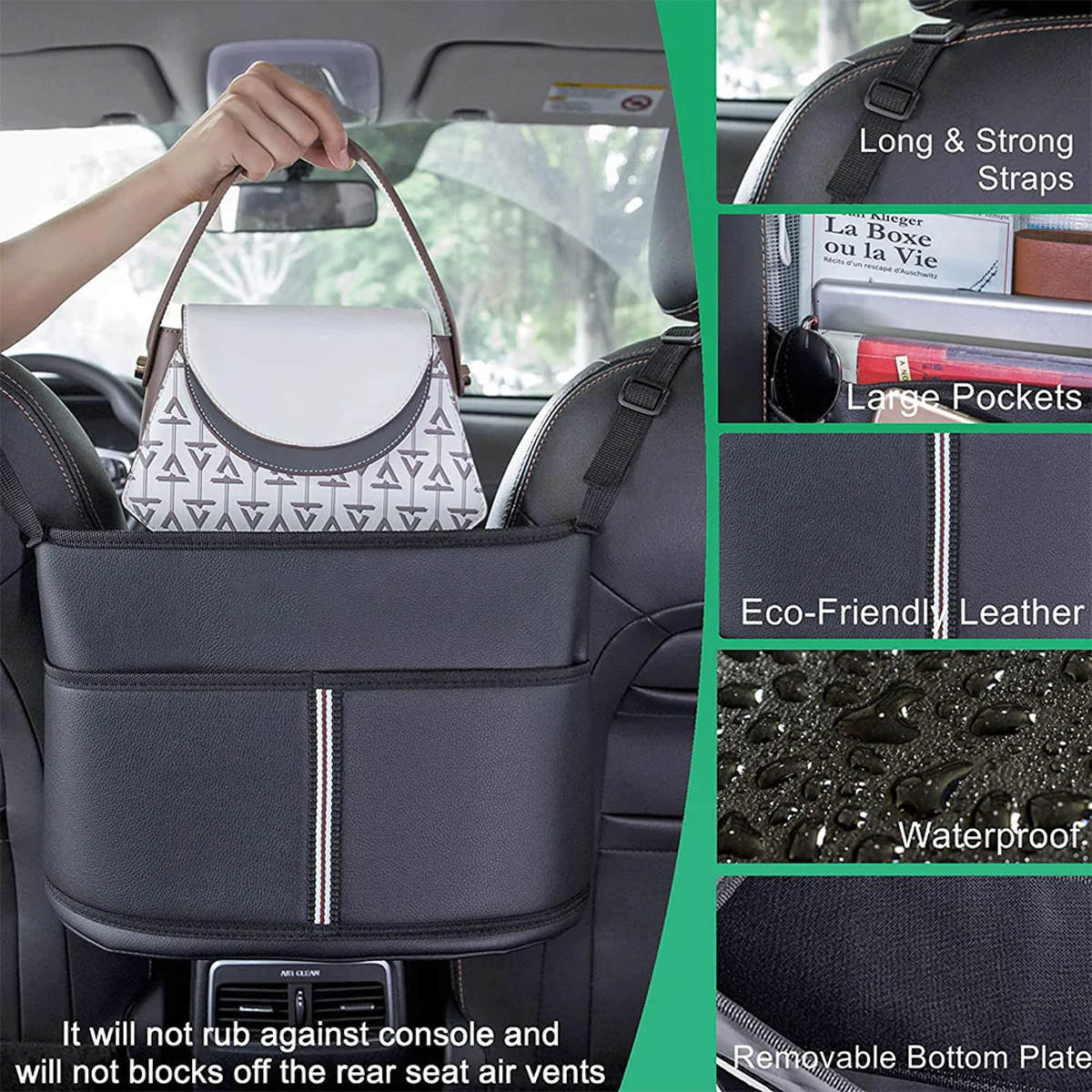 Car Purse Holder for Car Handbag Holder Between Seats Premium PU Leather, Custom Fit For Car, Hanging Car Purse Storage Pocket Back Seat Pet Barrier WAFM223