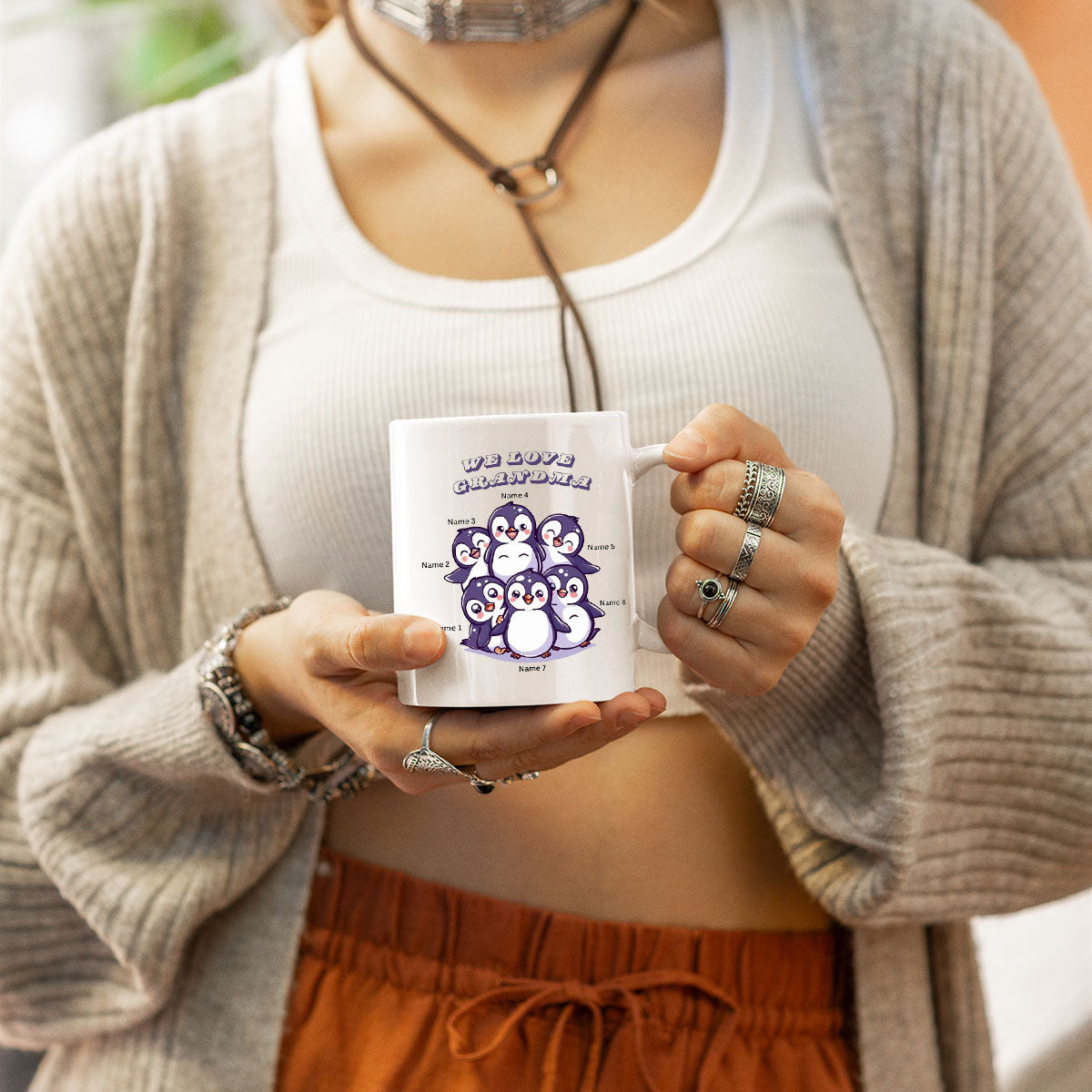 Grandma Mug, Grandma Gift For Grandma Birthday Gift Personalized Grandma Coffee Cup, Mothers Day Gift From Granddaughter Grandson, Custom Name Penguins