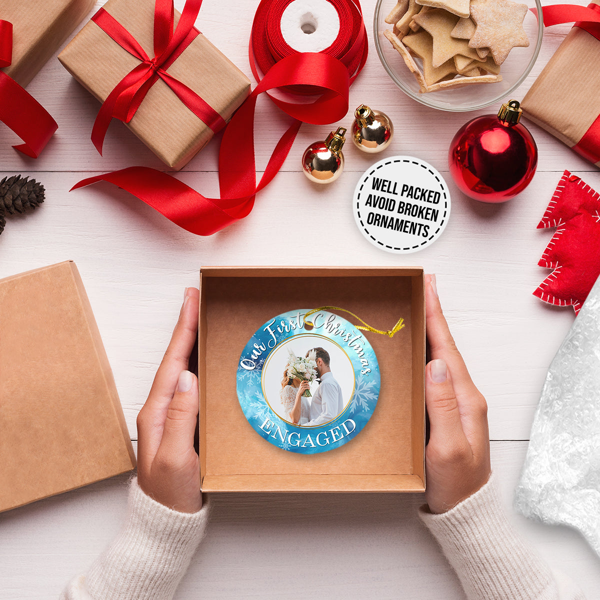 Our First Christmas Engaged Blue and Silver Personalized Custom Photo Christmas Premium Ceramic Ornaments Gift For Family