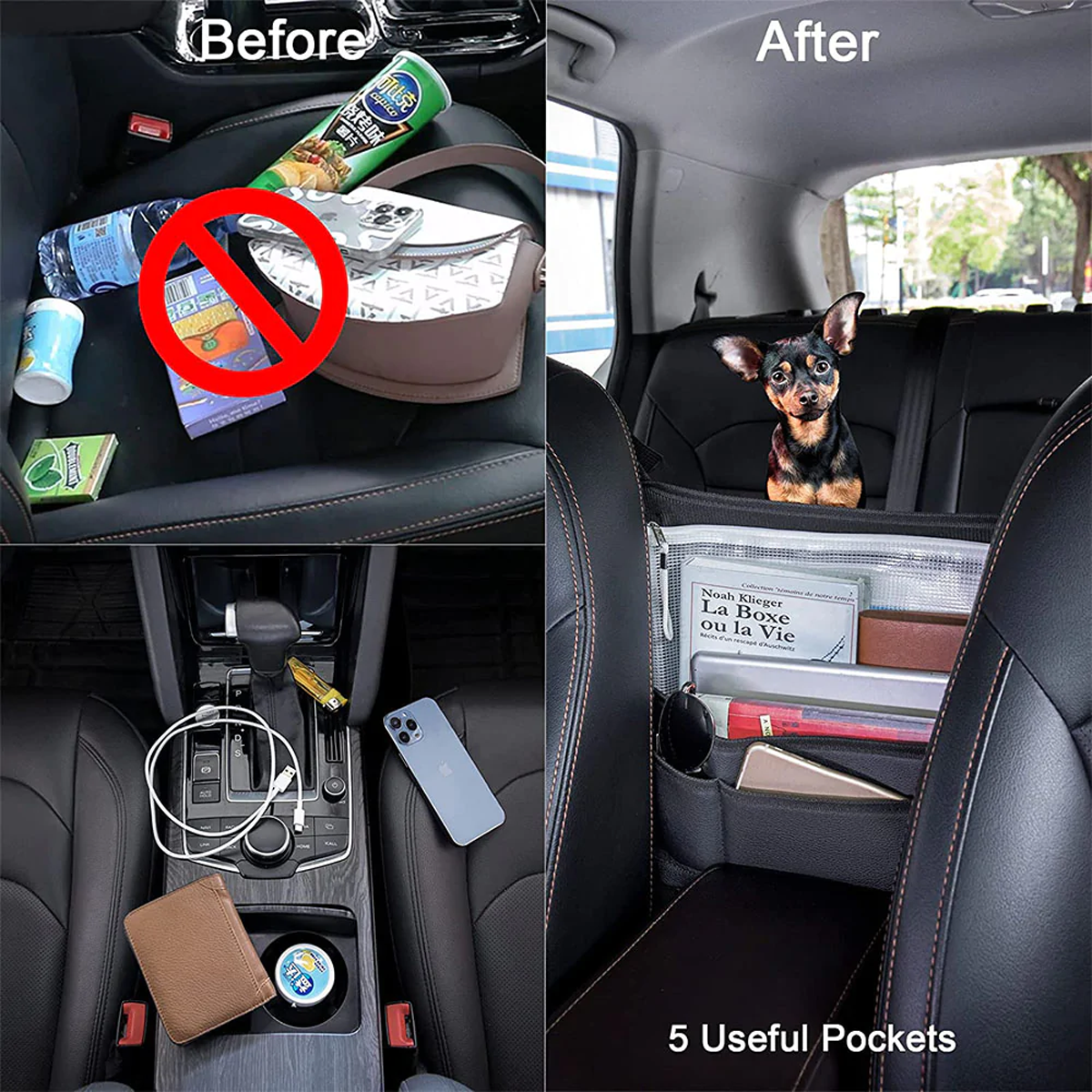 Car Purse Holder for Car Handbag Holder Between Seats Premium PU Leather, Custom Fit For Car, Hanging Car Purse Storage Pocket Back Seat Pet Barrier WADE223