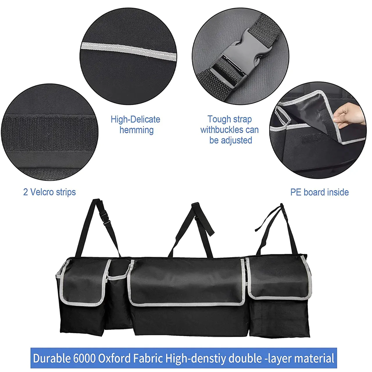 Car Trunk Hanging Organizer Fit Your Car, Thick Backseat Trunk Storage Bag with 4 Pockets and 3 Adjustable Shoulder Straps, Foldable Car Trunk Interior Accessories Releases Your Trunk Space