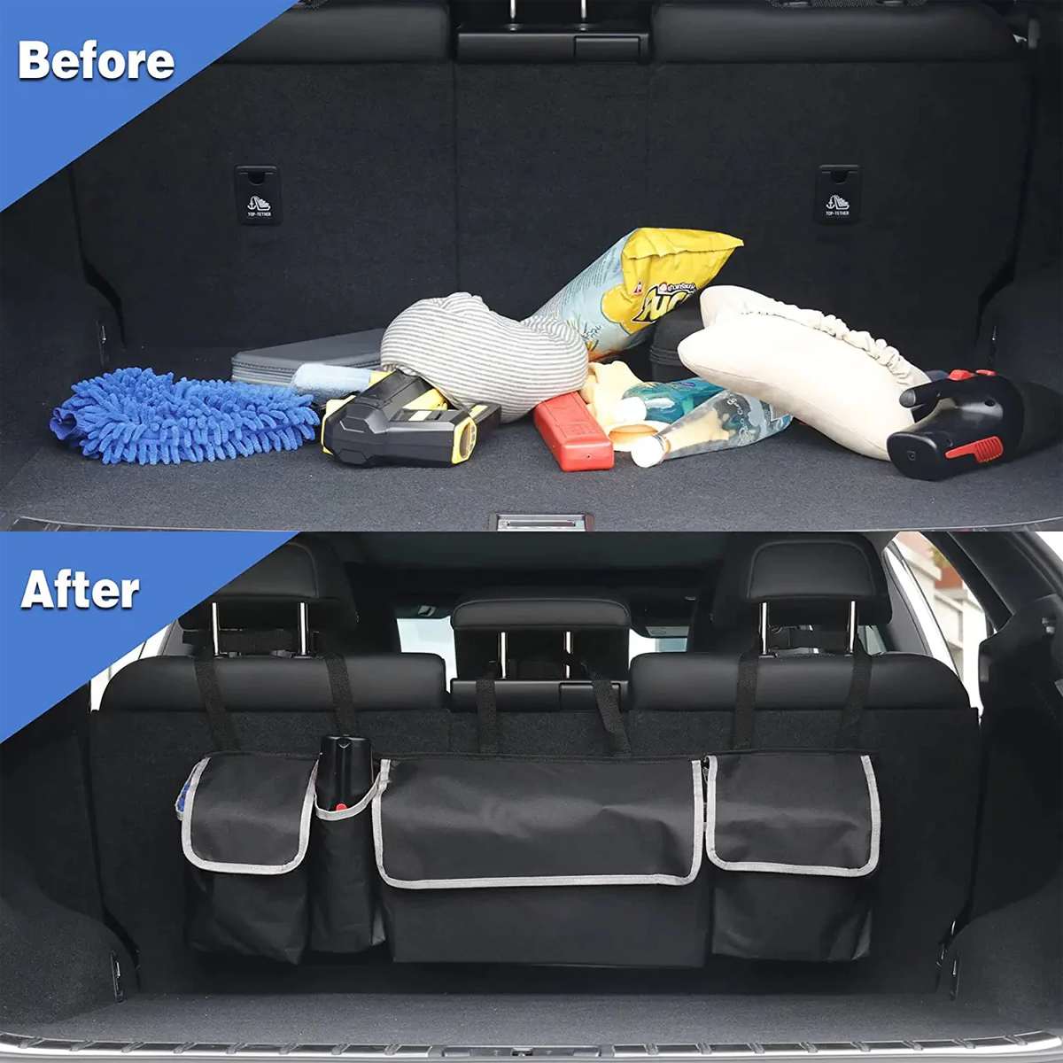 Car Trunk Hanging Organizer Fit Your Car, Thick Backseat Trunk Storage Bag with 4 Pockets and 3 Adjustable Shoulder Straps, Foldable Car Trunk Interior Accessories Releases Your Trunk Space