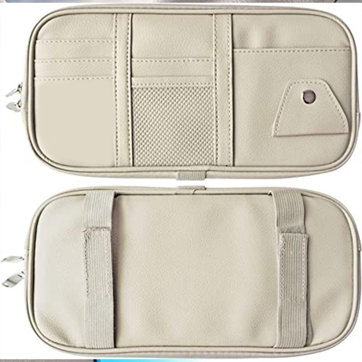 Car Sun Visor Organizer Truck SUV Sun Visor Storage Pocket PU Leather Pouch Holder with Multi-Pocket Double Zipper Net Pocket, for Cards Pens Sunglasses Document Newest, Custom fit for Car