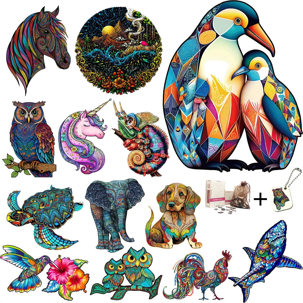 Set 2 Unique Wooden Animal Jigsaw Puzzle, Animal Shape, Wooden Jigsaw Puzzle, Mindfulness & Educational Animals Game for All Ages, Unique Sustainable, Wildlife Gift, Christmas gift Idea C161