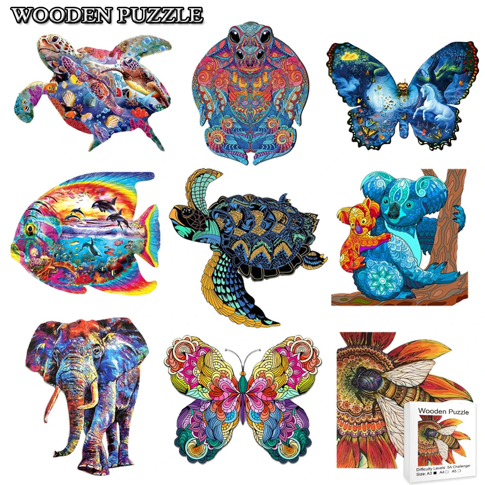 Set 2 Unique Wooden Animal Jigsaw Puzzle, Animal Shape, Wooden Jigsaw Puzzle, Mindfulness & Educational Animals Game for All Ages, Unique Sustainable, Wildlife Gift, Christmas gift Idea C167