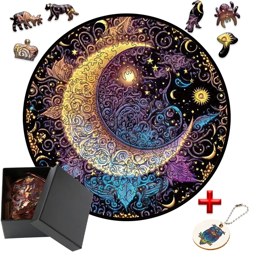 Unique Wooden Jigsaw Puzzle, Magic Moon Stained Glass Puzzle, Wooden Jigsaw Puzzle, Mindfulness & Educational Animals Game for All Ages, Unique Sustainable, Wildlife Gift, Christmas gift Idea C173