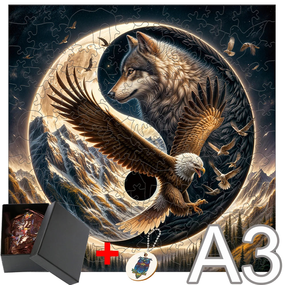 Unique Wooden Jigsaw Puzzle, Bald Eagle Jigsaw Puzzle, Wolf Eagle Puzzles, Wooden Jigsaw Puzzle, Mindfulness & Educational Animals Game for All Ages, Unique Sustainable, Wildlife Gift, Christmas gift Idea C157