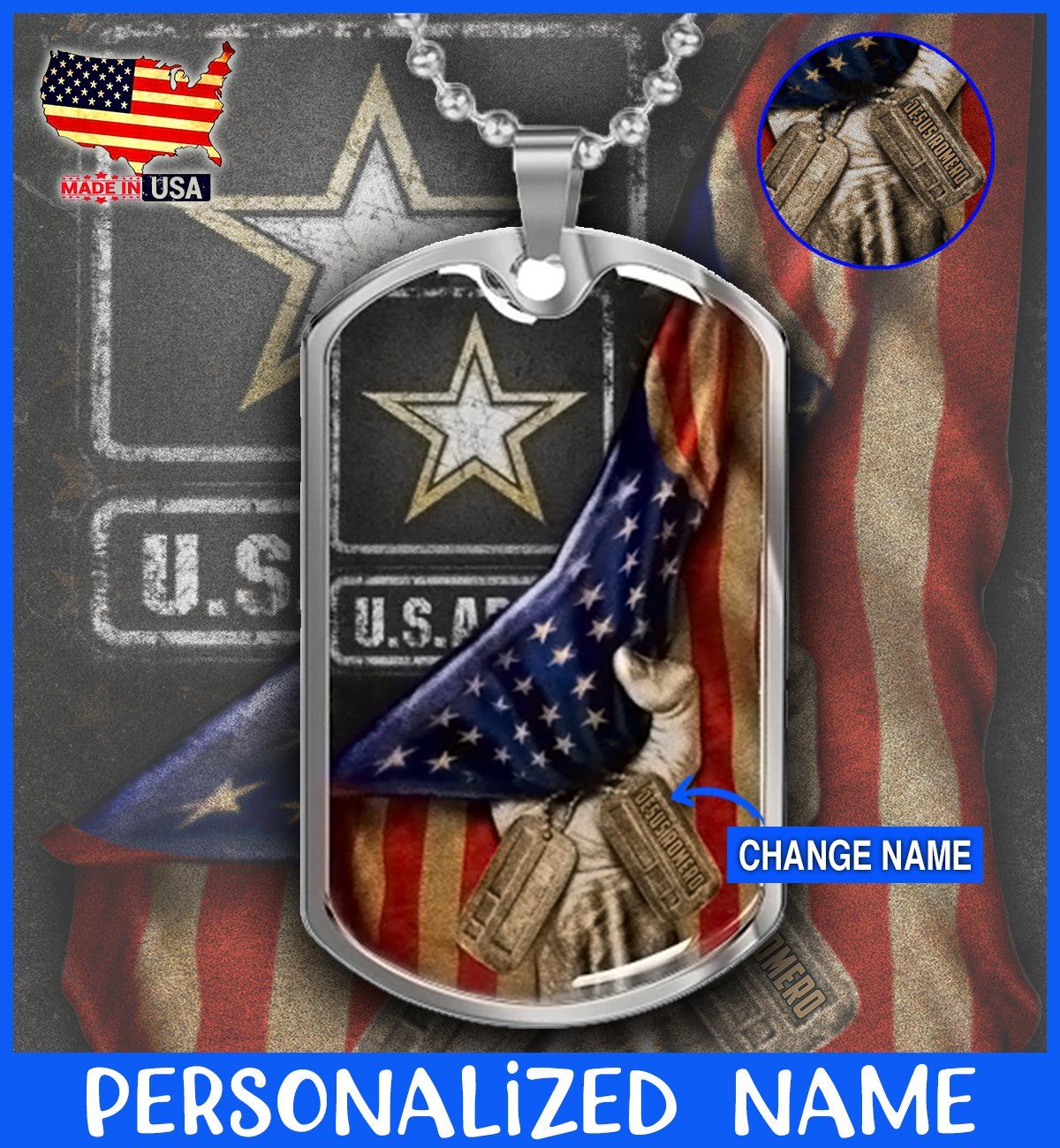 U.S. ARMY Flag Personalized Name Dog Tag Necklace - Cog Tags For Men