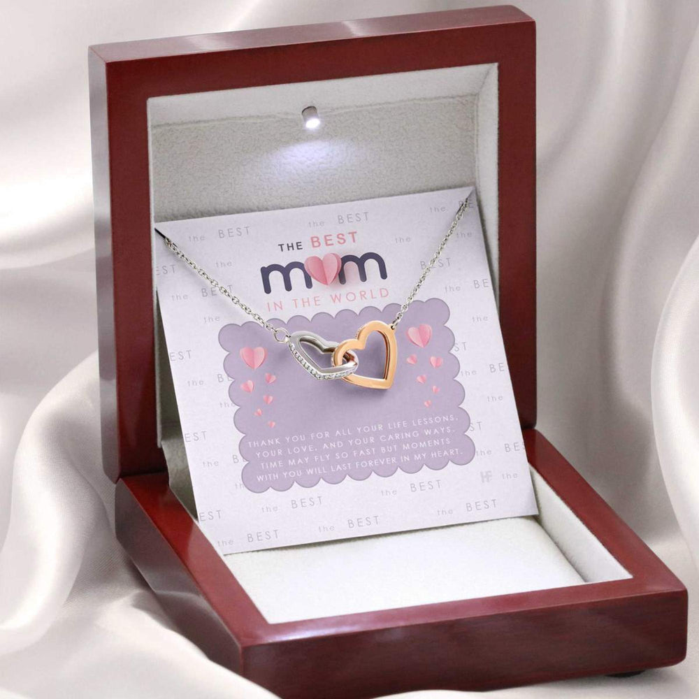 Mom Necklace, Gift For The Best Mom In The World On Mother�s Day With Pink Paper  Interlocking Hearts Necklaces