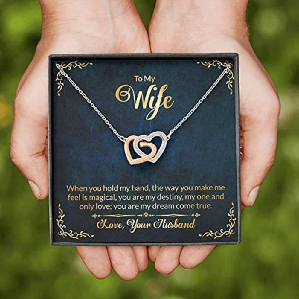 Wife Necklace � Necklace For Wife � To My Wife In Navy And Gold Interlocking Hearts Necklace