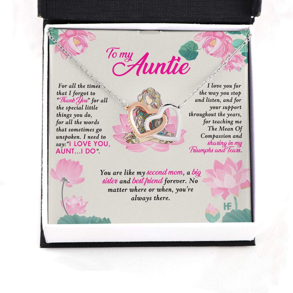 Aunt Necklace, Gift For Your Beautiful Auntie On Mother�s Day With Lotus Illustration  Interlocking Hearts Necklaces