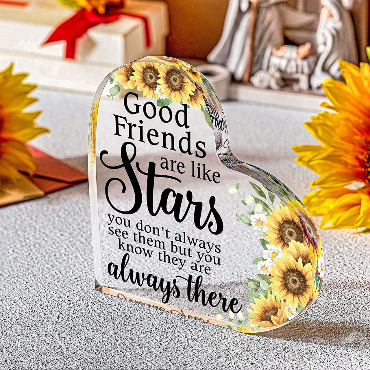Yulejo Friendship Gifts for Women - Sunflower Gift for Women Acrylic Heart Plaque - Besties Friend Birthday Gift