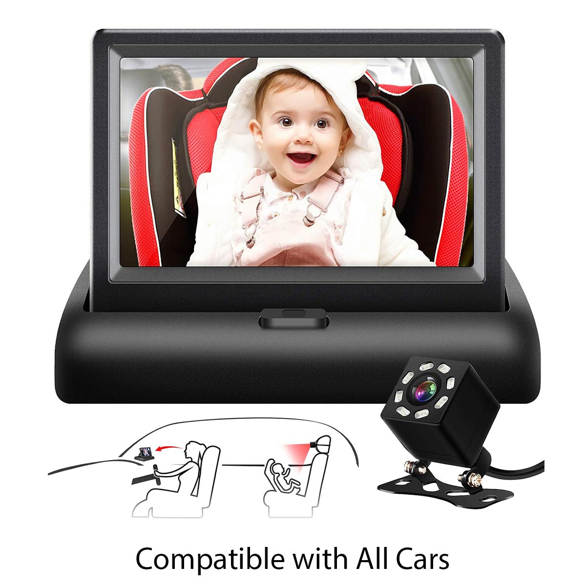 Car Mirror, Custom Fit For Your Cars, 4.3'' HD Night Vision Function Car Mirror Display, Safety Car Seat Mirror Camera Monitored Mirror with Wide Crystal Clear View, Aimed at Baby, Easily Observe the Baby’s Move