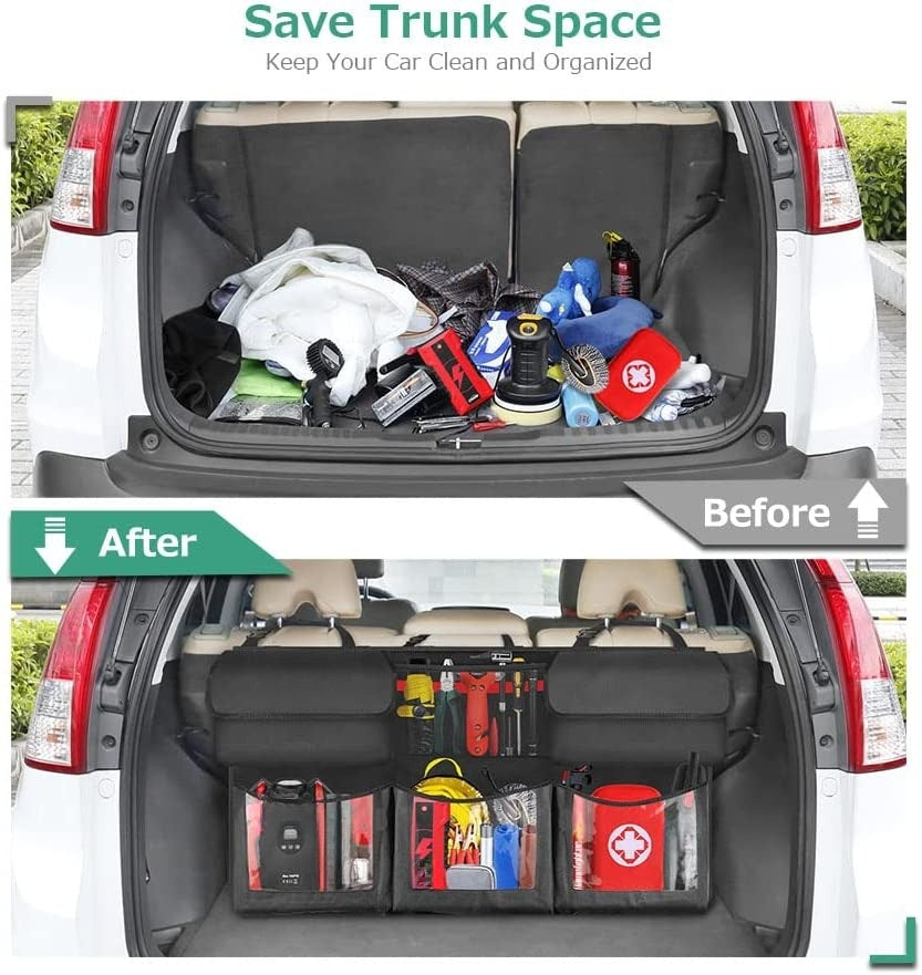 Back Seat Trunk Organizer, Compatible with All Cars, Hanging Car Organizer Trunk Foldable Cargo Storage with 6 Large Pockets 3 Adjustable Straps