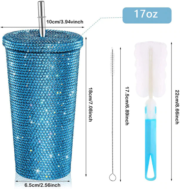 Studded Bling Diamond Tumbler Glitter Water Bottle with Lid Stainless Steel Vacuum Thermal Straw Tumbler Rhinestone Tumbler with 1 Pcs Cup Brush 6 Pcs Straw Brushes for Women
