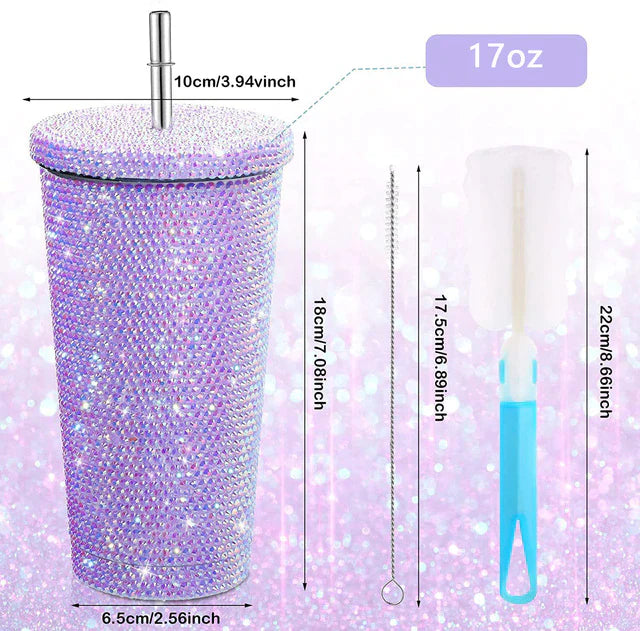 Studded Bling Diamond Tumbler Glitter Water Bottle with Lid Stainless Steel Vacuum Thermal Straw Tumbler Rhinestone Tumbler with 1 Pcs Cup Brush 6 Pcs Straw Brushes for Women