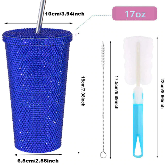 Studded Bling Diamond Tumbler Glitter Water Bottle with Lid Stainless Steel Vacuum Thermal Straw Tumbler Rhinestone Tumbler with 1 Pcs Cup Brush 6 Pcs Straw Brushes for Women