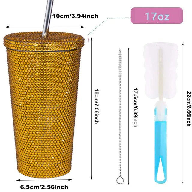 Studded Bling Diamond Tumbler Glitter Water Bottle with Lid Stainless Steel Vacuum Thermal Straw Tumbler Rhinestone Tumbler with 1 Pcs Cup Brush 6 Pcs Straw Brushes for Women