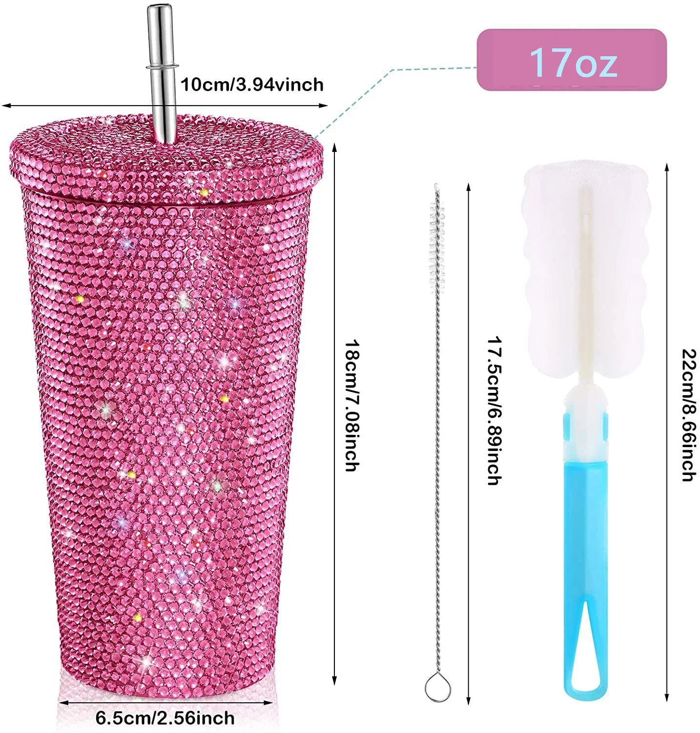 Studded Bling Diamond Tumbler Glitter Water Bottle with Lid Stainless Steel Vacuum Thermal Straw Tumbler Rhinestone Tumbler with 1 Pcs Cup Brush 6 Pcs Straw Brushes for Women