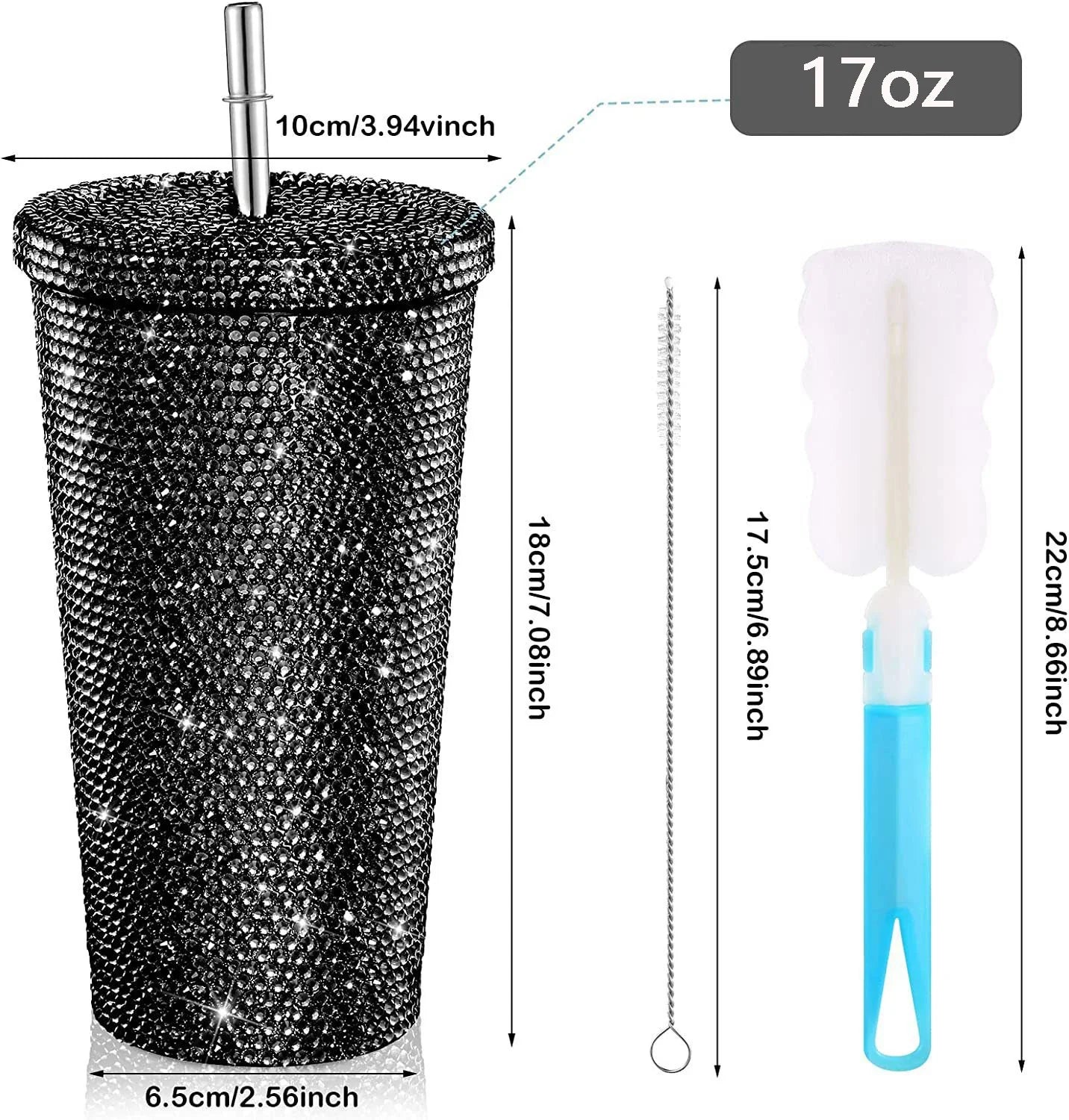 Studded Bling Diamond Tumbler Glitter Water Bottle with Lid Stainless Steel Vacuum Thermal Straw Tumbler Rhinestone Tumbler with 1 Pcs Cup Brush 6 Pcs Straw Brushes for Women
