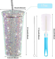 Studded Bling Diamond Tumbler Glitter Water Bottle with Lid Stainless Steel Vacuum Thermal Straw Tumbler Rhinestone Tumbler with 1 Pcs Cup Brush 6 Pcs Straw Brushes for Women