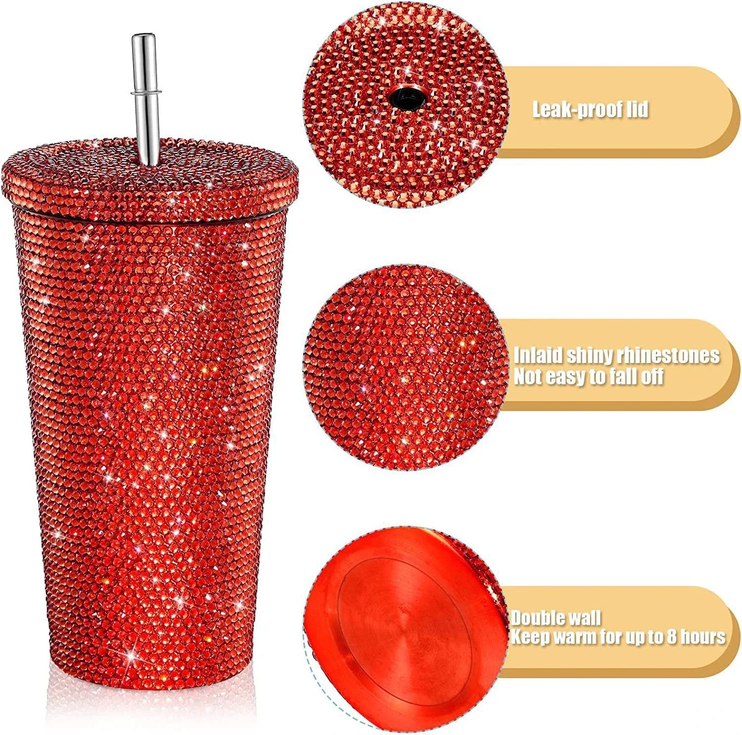 Studded Bling Diamond Tumbler Glitter Water Bottle with Lid Stainless Steel Vacuum Thermal Straw Tumbler Rhinestone Tumbler with 1 Pcs Cup Brush 6 Pcs Straw Brushes for Women