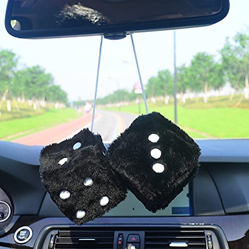 Fuzzy Plush Dice for Car Mirror, Pair of Retro 3” Dice with Black Dots for Car Interior Hanging Ornament Decoration, Car Accessories, Compatible with All Cars