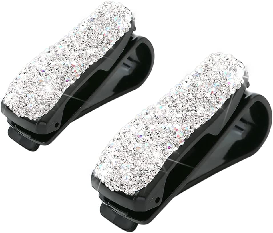Bling Car Glasses Holder, 2PCS Handcrafted Crystal Rhinestones Fashion Car Sunglasses Mount with Card Clip for All Sun Visors, Auto Interior Accessories for Women Girl, Universal Fit for All Cars, Car Accessories