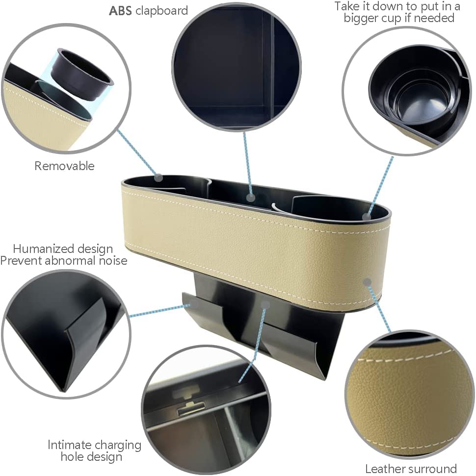 Car Cup Holder Seat Gap Organizer, Compatible with All Cars, Multifunctional Cup Drink Holders with PU Leather Cover,Side Insert Center Console Gap Filler Storage Box for Mug Bottle CellPhones Keys Coffee Coasters Cards