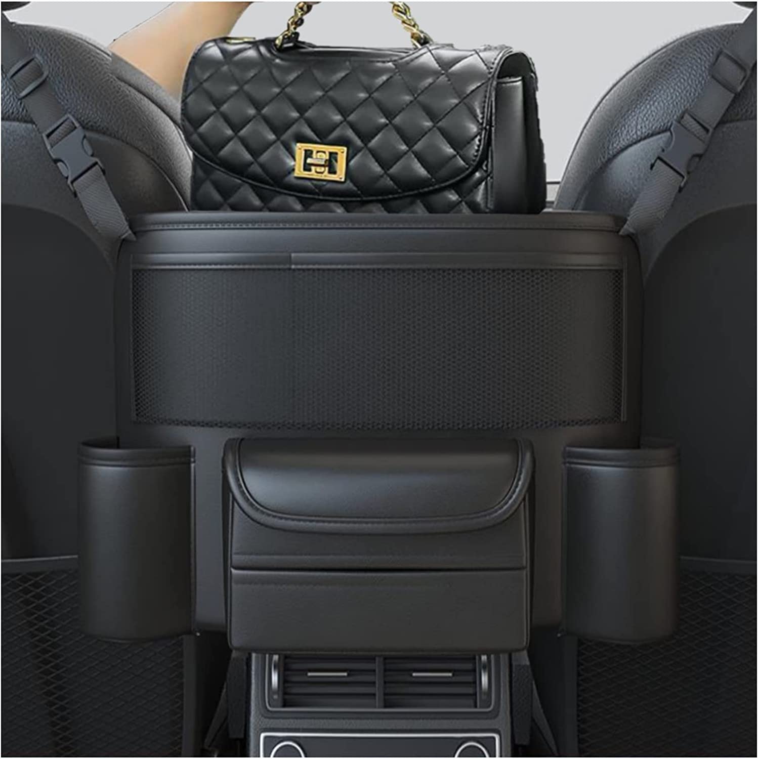 Car Net Pocket Handbag and Purse Holder Between Seats, Large Capacity Multi-Function Automotive Interior Organizers and Storage Bag in Center Console Armrest Box, Universal Fit for All Cars, Car Accessories
