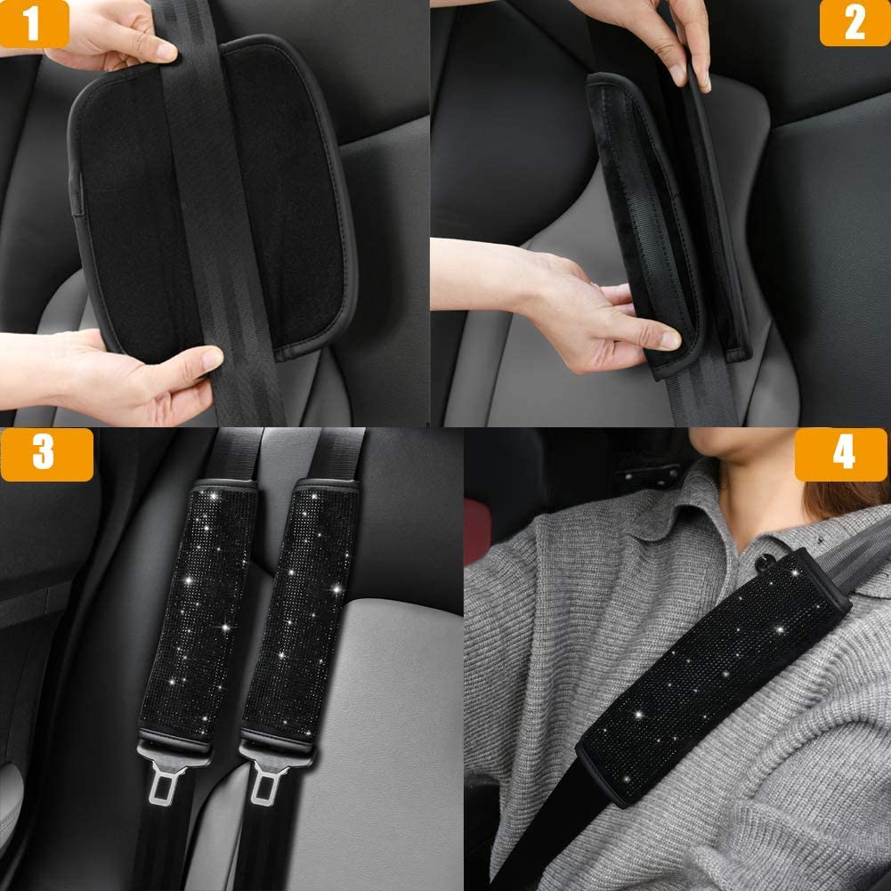 Soft Velvet Seat Belt Shoulder Pads with Bling Rhinestones Car Bling Seat Belt Covers for Women, Crystal Handbrake Cover, Bling Ring Set Bling Car Accessories 4 Pack Set Universal, Car Interior Accessories