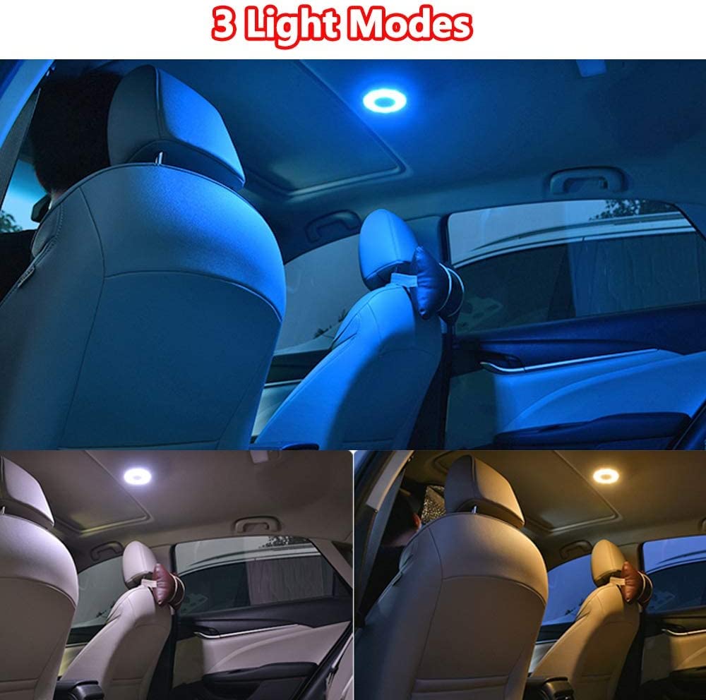 USB Rechargeable LED Car Interior Dome Light 12V Bright Multi-Function Trunk Cargo Area Light Car Ceiling Roof Light for Vehicle RV Camping Bedroom Cabinet Stick on Anywhere 3 Colors