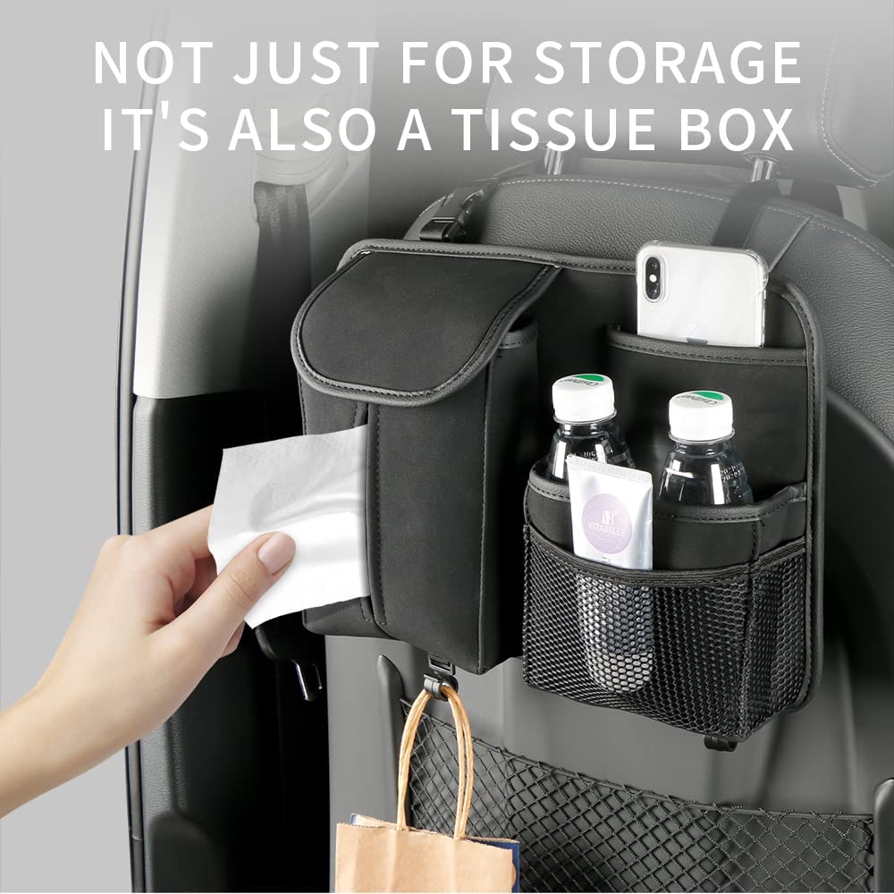 Car Seat Back Organizer Large Capacity Car Seat Back Storage Bag with Hook Suede Car Tissue Box
