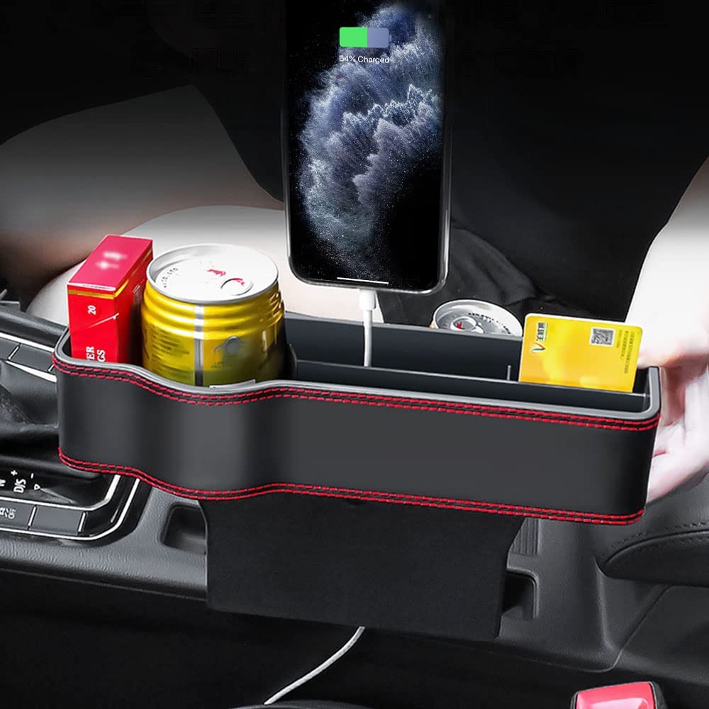 2 PCS Universal Car Seat Gap Storage Box, Compatible with All Cars, Cup Holder Mobile Phone Holder Multifunctional Auto Accessories PU Leather Seat Catcher Gap Filler Car Organizer Compartment