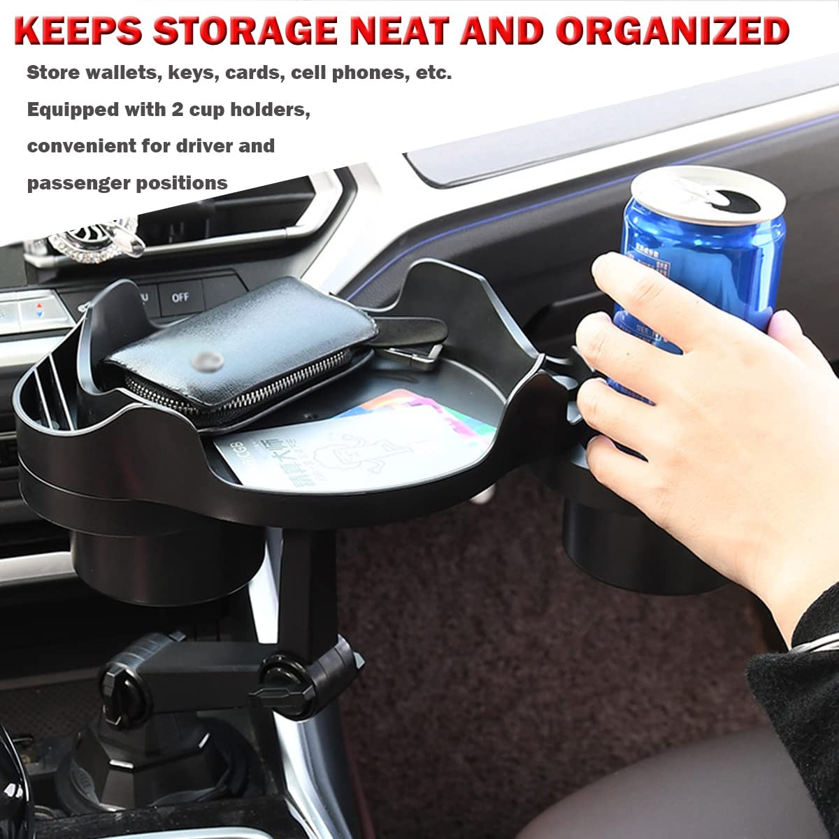 Cup Holder Expander for Car, 360 Degrees Rotate Adjustable 6.3 inches Surface Car Tray Table and Drink Holders with 3 Coaster, Car Cup Holder Tray Apply to All Auto Models