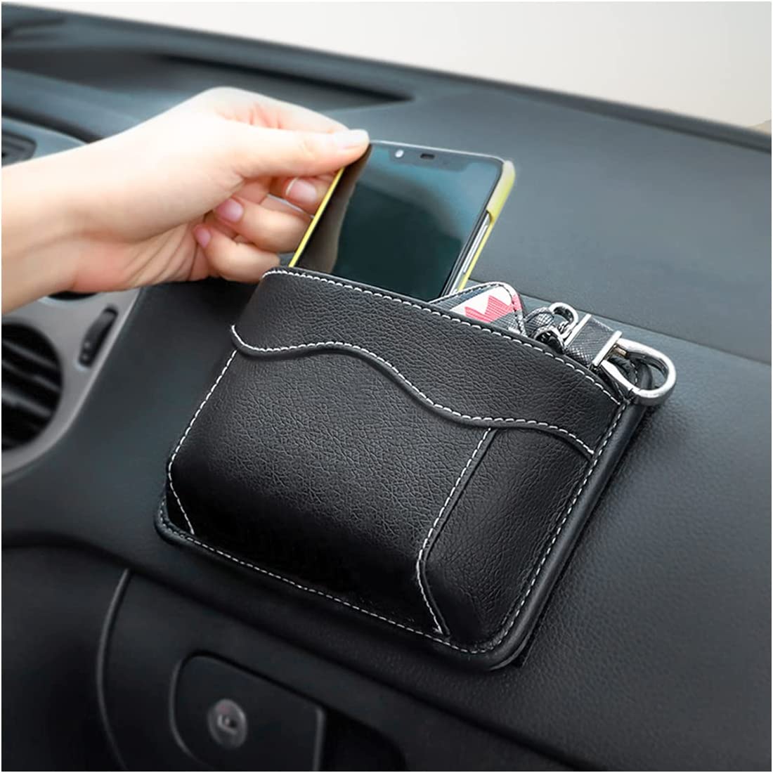 Car Seat Side Pocket Organizer, Compatible with All Cars, PU Leather Mini Storage Bag for Auto Door Window Console, Pen Phone Holder Tray Pouch Vehicle Seat Gap Filler, Fits to Organize Document, Registration, Notepad