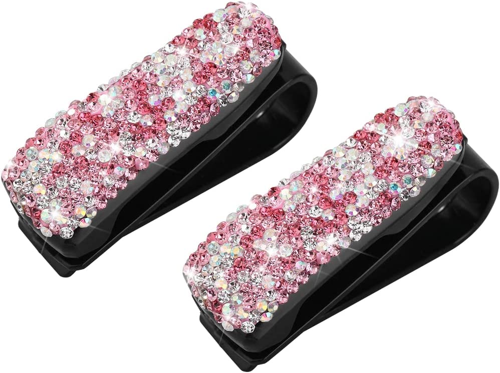 Bling Car Glasses Holder, 2PCS Handcrafted Crystal Rhinestones Fashion Car Sunglasses Mount with Card Clip for All Sun Visors, Auto Interior Accessories for Women Girl, Universal Fit for All Cars, Car Accessories
