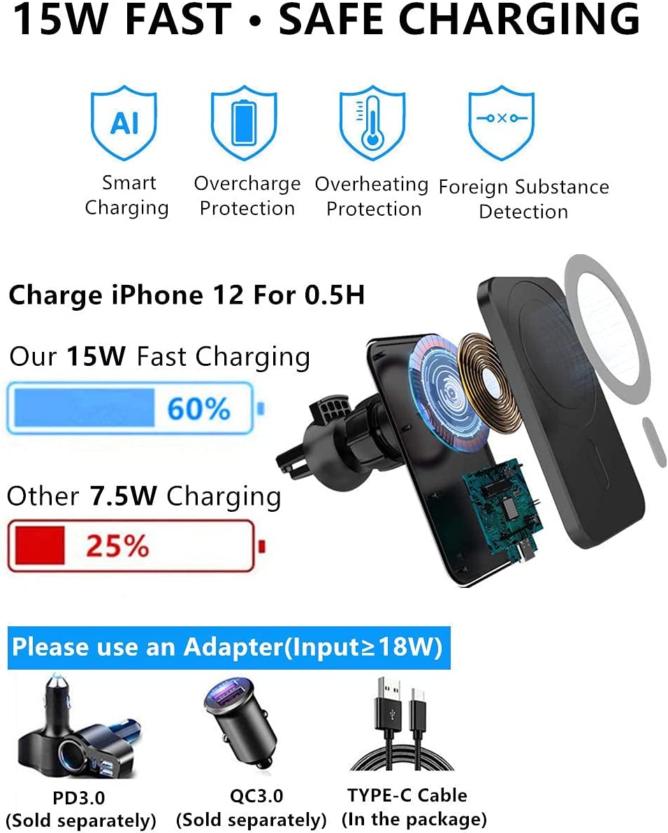 15W Magnetic Wireless Car Charger for iPhone 14/13/12/12 Pro/Pro Max/Mag-Safe Case, Qi Fast Charging Mag-Safe Car Charger Mount, Dashboard Air Vent Car Phone Holder Charger for iPhone 14/13/12 Series