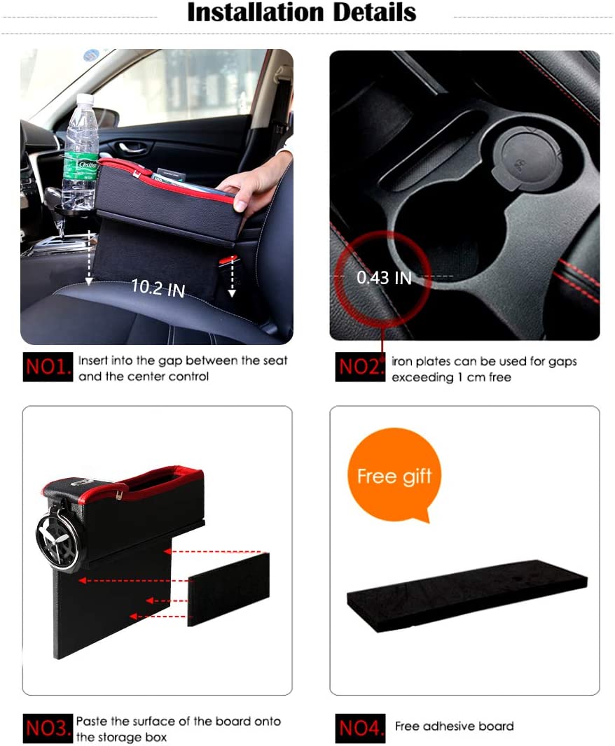 Universal Car Seat Gap Filler, Compatible with All Cars, Premium PU Leather Side Pocket Organizer, Seat Crevice Storage Box with Cup Holder for Smartphone Coin Wallet Key, Car Interior Accessories 2PCS