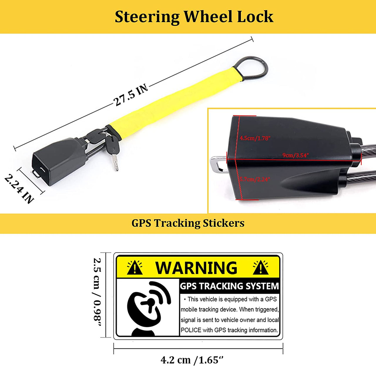 Car Steering Wheel Lock Seat Belt Lock with 4pcs GPS Tracking Sticker, Sturdy Car Security Anti Theft Car Device, Steering Wheel Lock Anti-Theft Device + 2 Keys Universal Fit Truck/SUV/Van