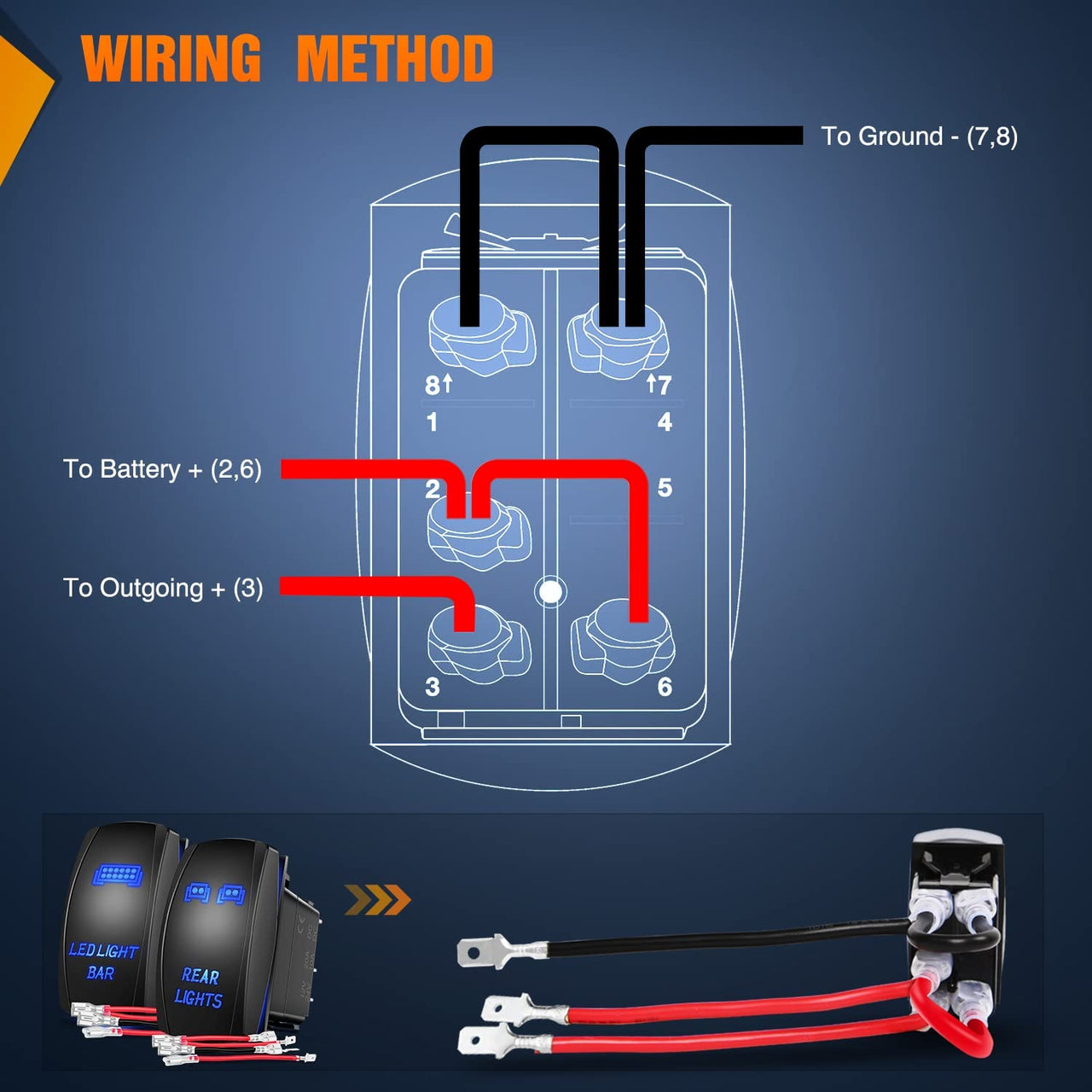 2 Pack Rear Lights Rocker Switch Led Light Bar Rocker Switch 5Pin Laser On Off SPST switches 20A/12V 10A/24V Switch Blue with Jumper Wires Set for Cars Trucks RVs