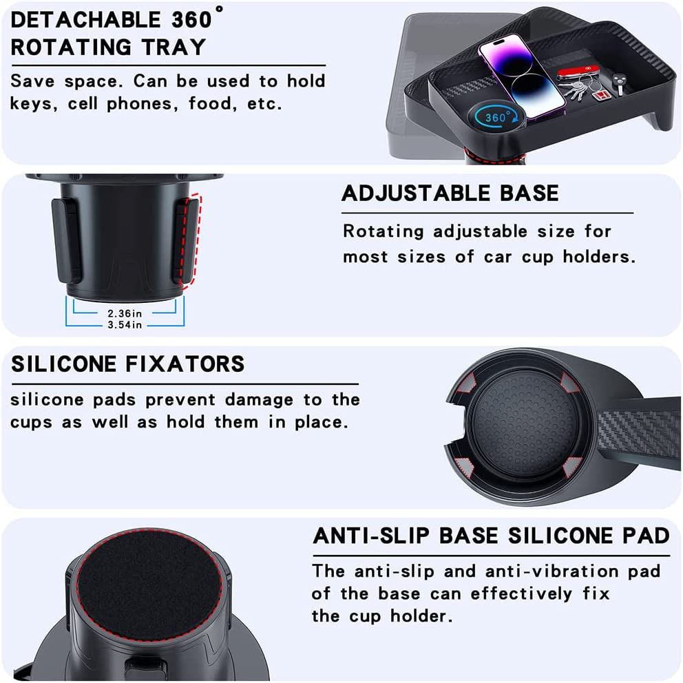 Car Cup Holder Tray,Cup Holder Tray,Car Cup Holder Tray Table,Car Cup Holder with Detachable Tray, Car Cup Holder Expander,Car Cup Holder with 360 ° Rotation,fit in 2.36-3.54 inch Car Cup Holder, Compatible with All Cars