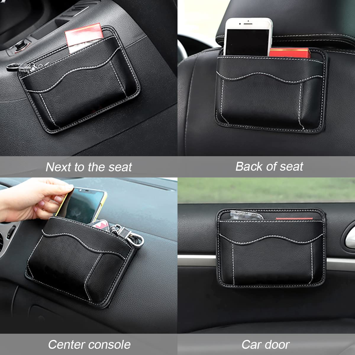 Car Seat Side Pocket Organizer, Compatible with All Cars, PU Leather Mini Storage Bag for Auto Door Window Console, Pen Phone Holder Tray Pouch Vehicle Seat Gap Filler, Fits to Organize Document, Registration, Notepad