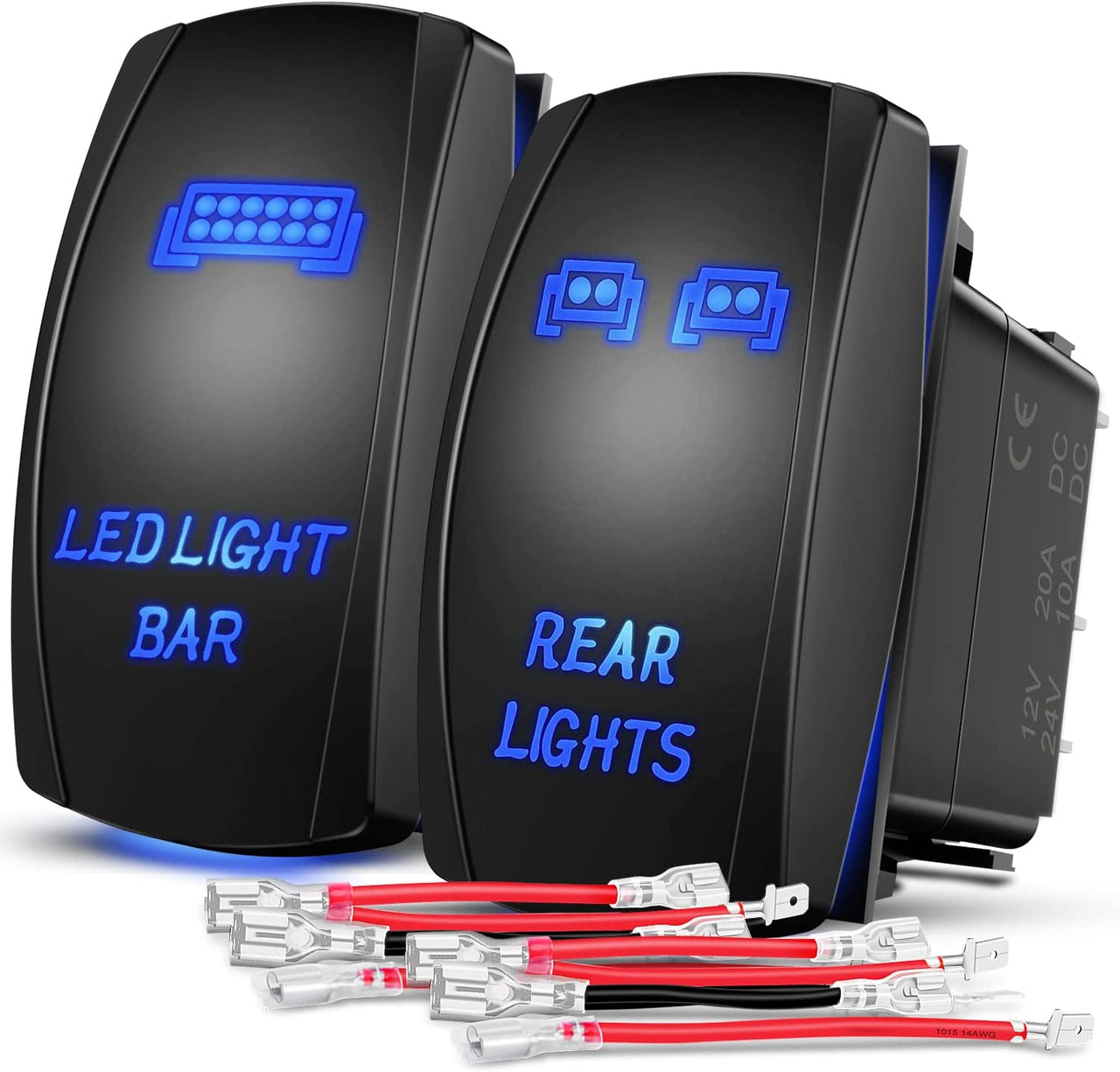 2 Pack Rear Lights Rocker Switch Led Light Bar Rocker Switch 5Pin Laser On Off SPST switches 20A/12V 10A/24V Switch Blue with Jumper Wires Set for Cars Trucks RVs