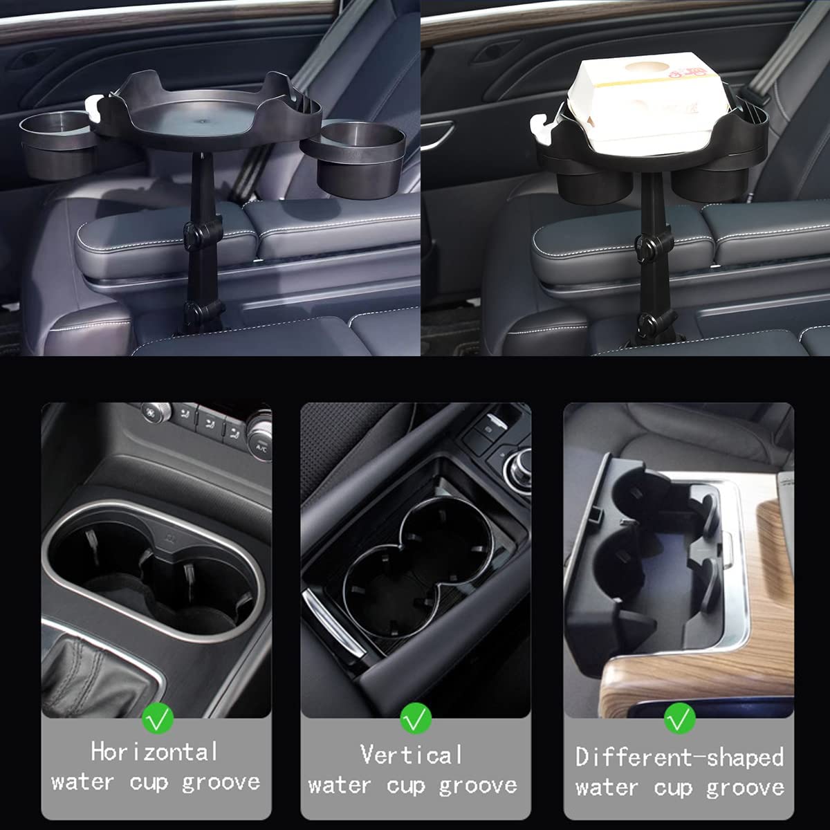 Cup Holder Expander for Car, 360 Degrees Rotate Adjustable 6.3 inches Surface Car Tray Table and Drink Holders with 3 Coaster, Car Cup Holder Tray Apply to All Auto Models