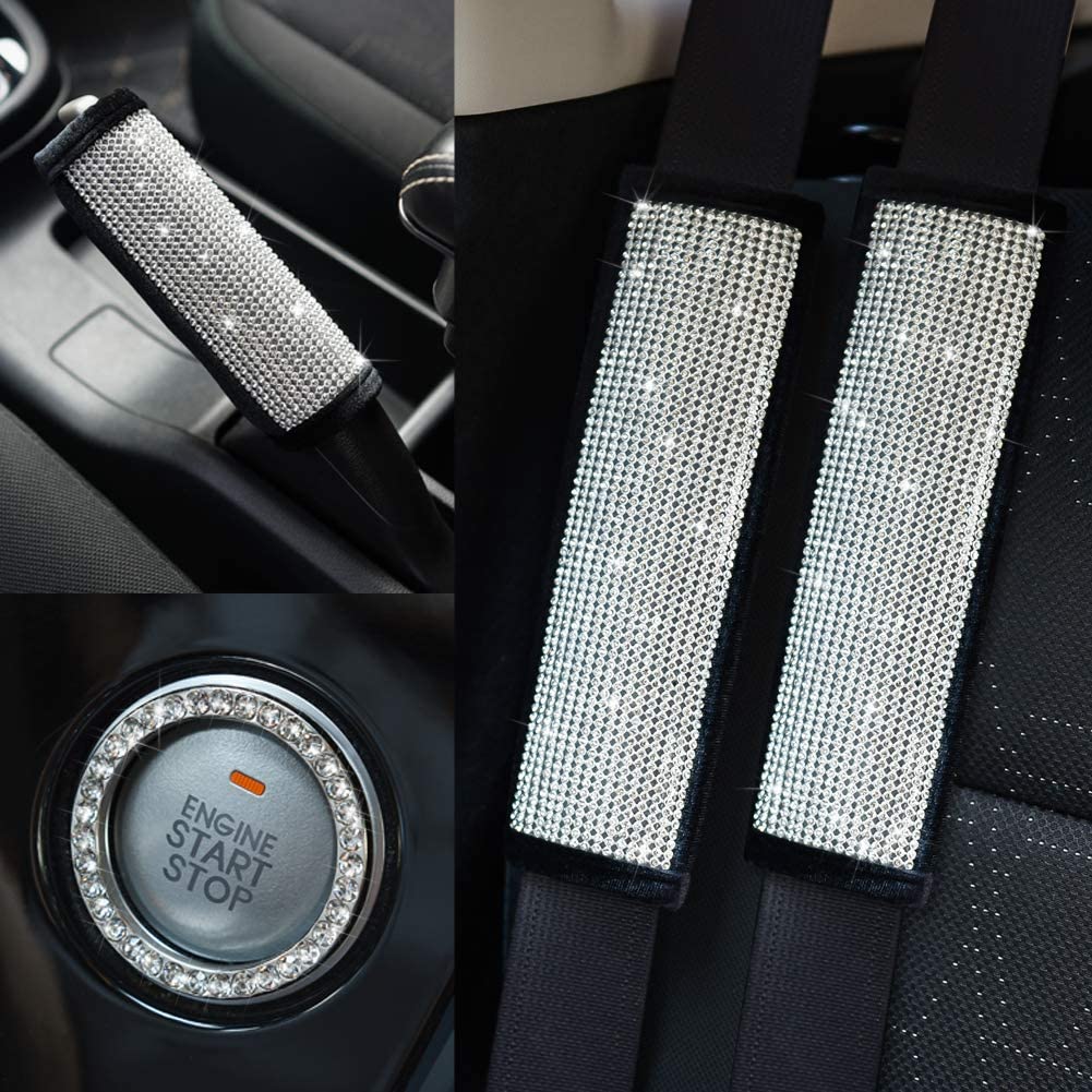 Soft Velvet Seat Belt Shoulder Pads with Bling Rhinestones Car Bling Seat Belt Covers for Women, Crystal Handbrake Cover, Bling Ring Set Bling Car Accessories 4 Pack Set Universal, Car Interior Accessories