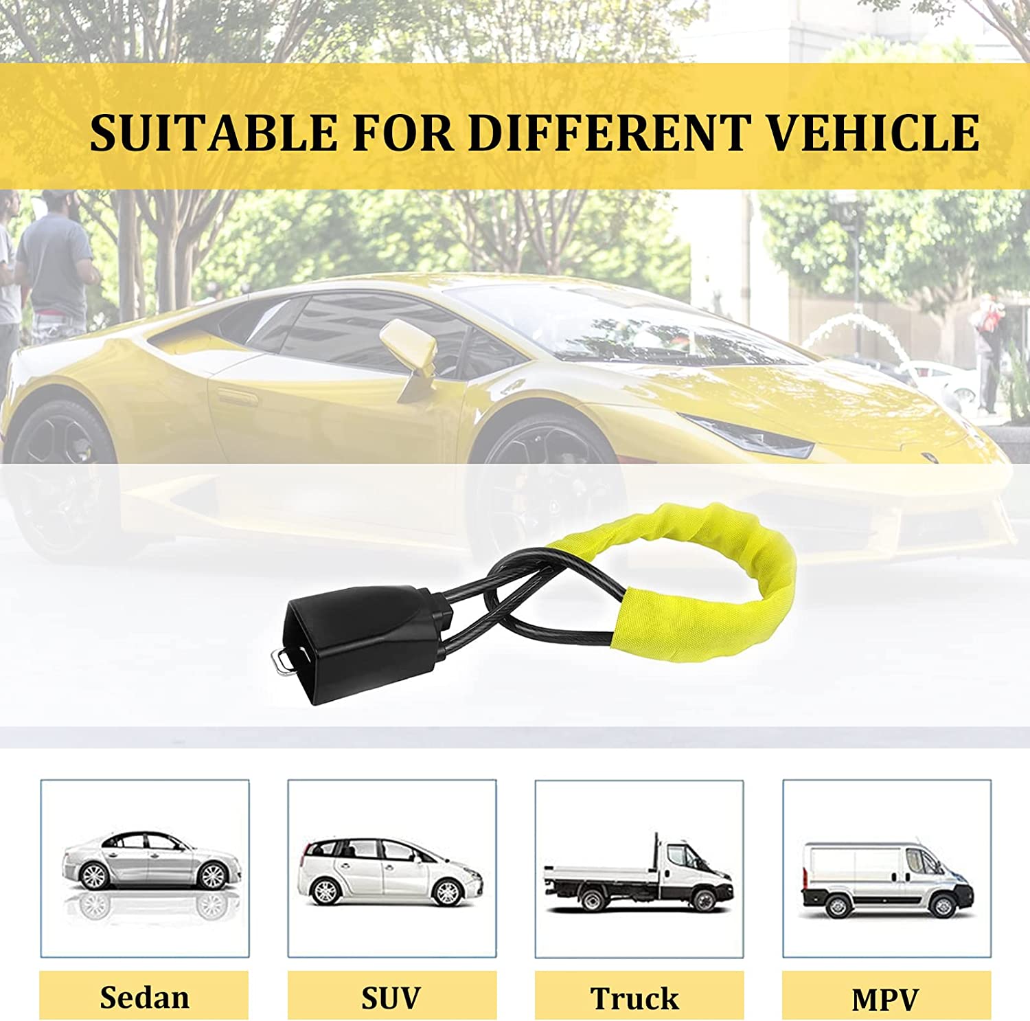 Car Steering Wheel Lock Seat Belt Lock with 4pcs GPS Tracking Sticker, Sturdy Car Security Anti Theft Car Device, Steering Wheel Lock Anti-Theft Device + 2 Keys Universal Fit Truck/SUV/Van